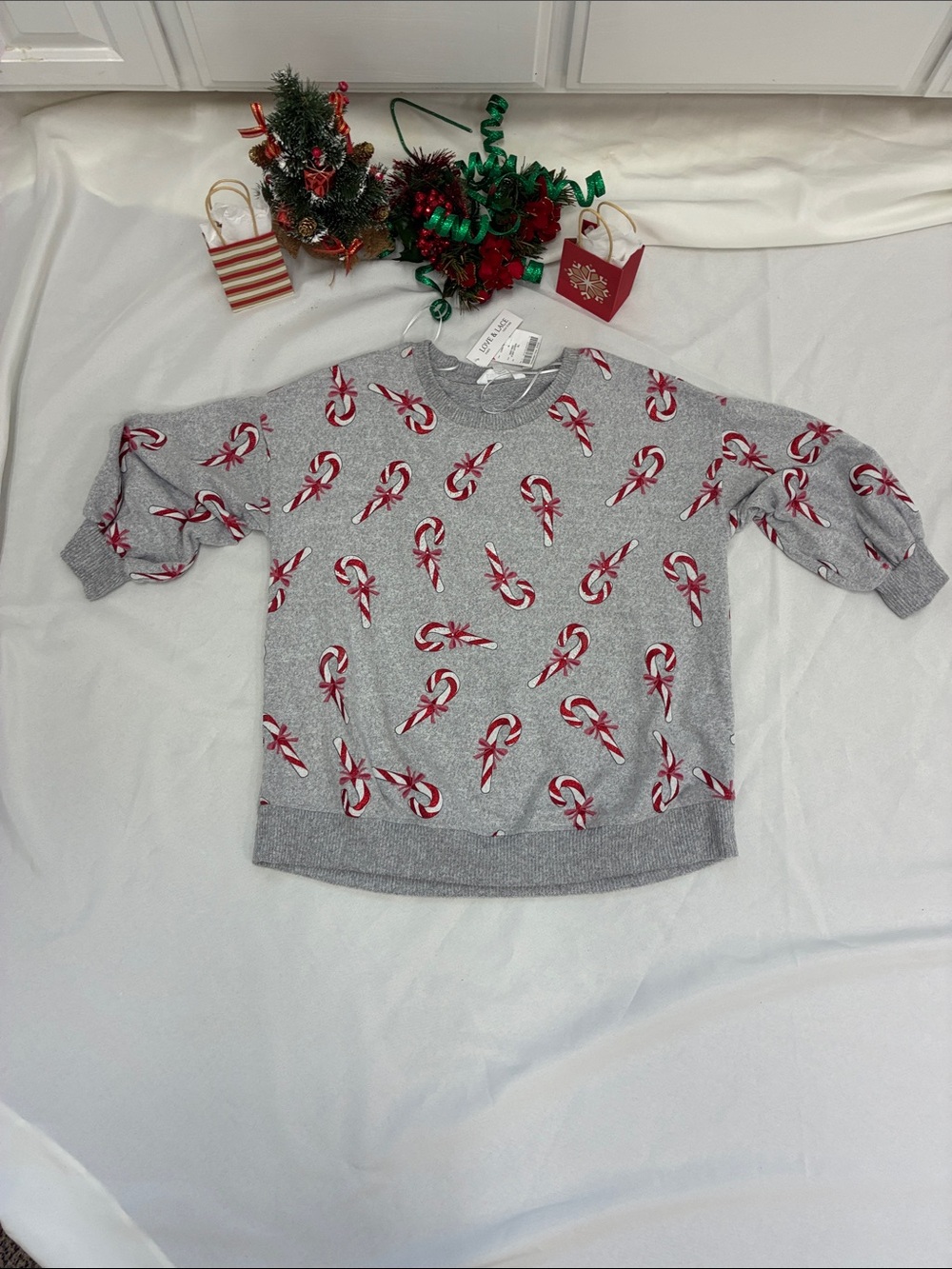 Women’s Gray Candy Cane Print Holiday Sweater